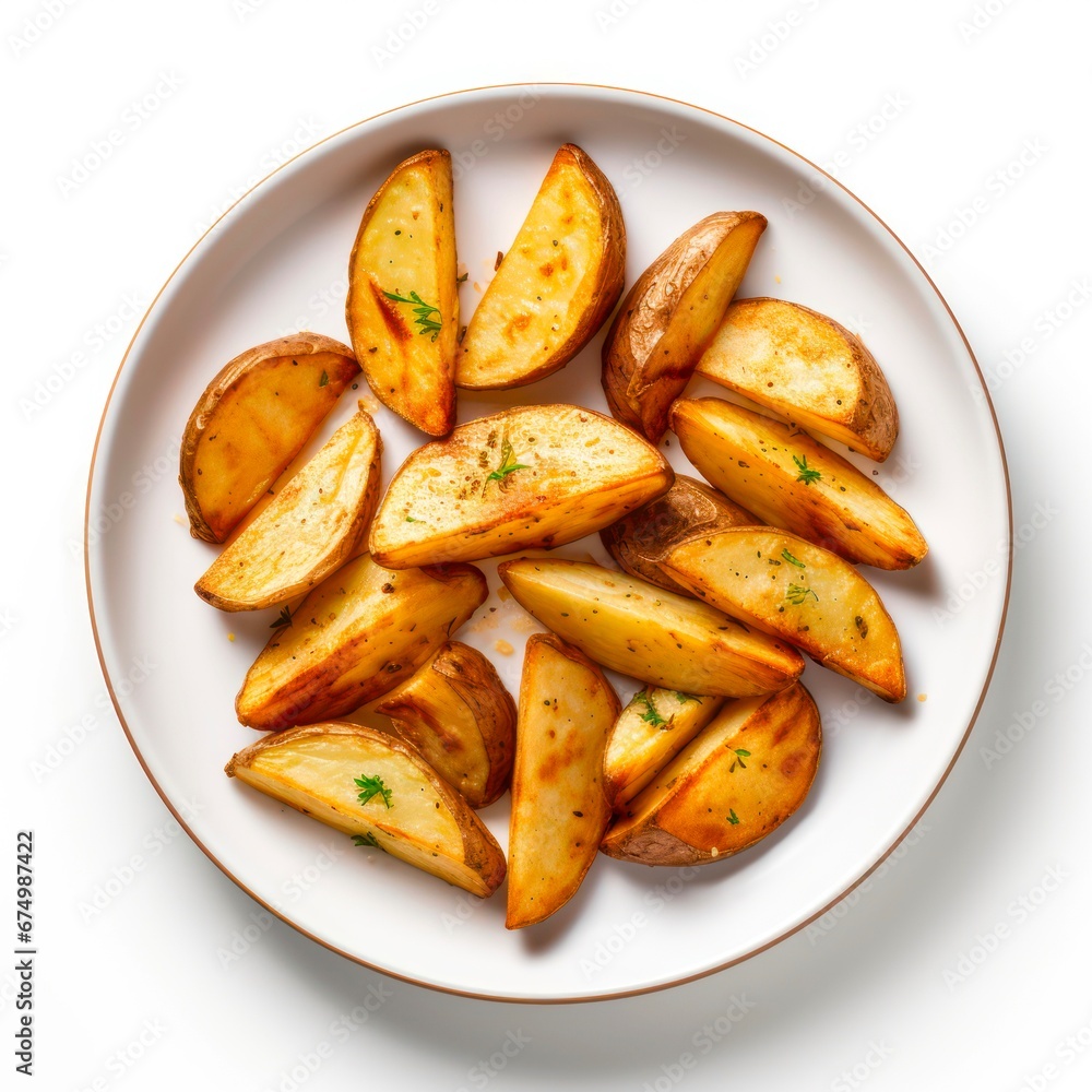 Top view on plate with baked potato wedges on white background. Top view on plate with baked potato wedges on white background.