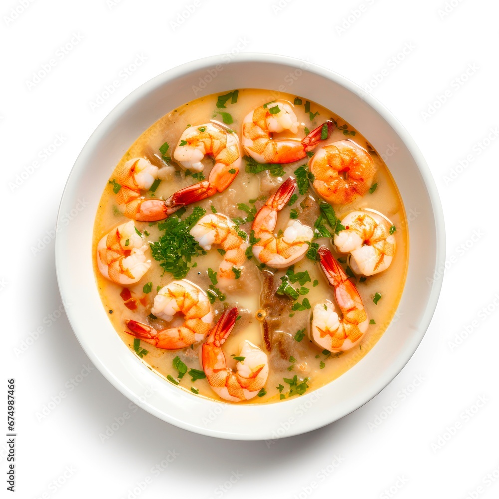 Top view on soup with shrimps on white background. Top view on soup with shrimps on white background.