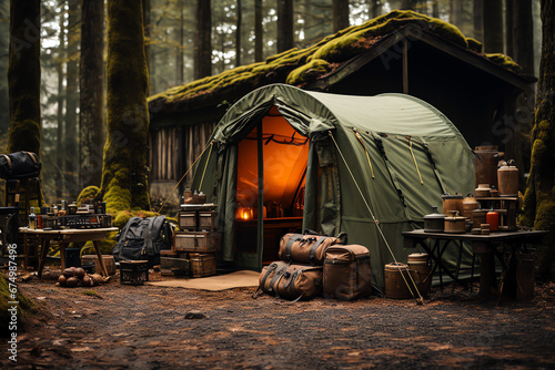 tent basecamp makeshift survival shelter in the forest