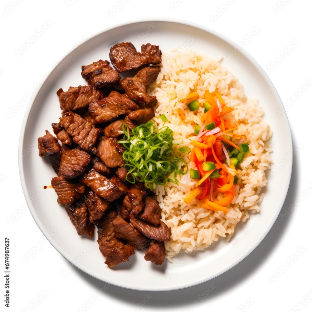 Top view on plate of rice with fried meat on white background.