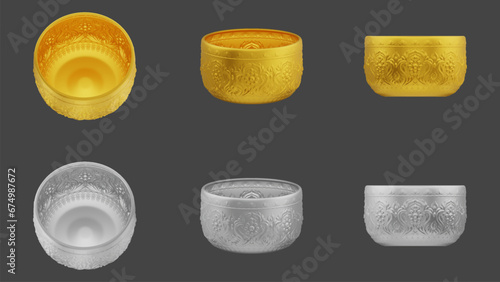 Cet of elements of gold and silver bowls on a gray background