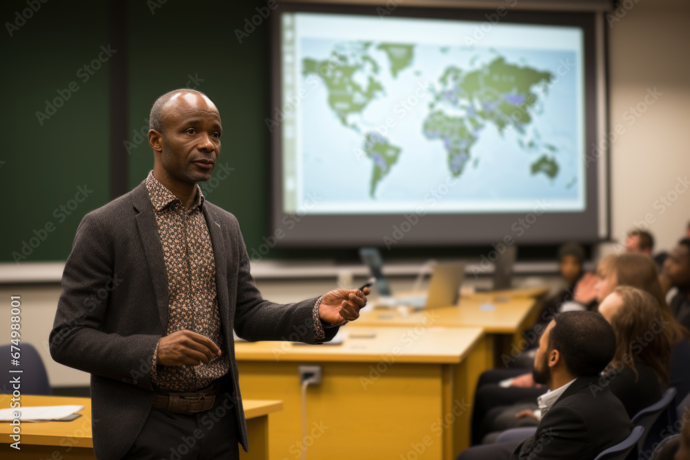 A university lecture discussing the continued relevance of Martin Luther King Jr.'s teachings. Concept of academic discourse and social justice. Generative Ai. A university lecture discussing the continued relevance of Martin Luther King Jr.'s teachings. Concept of academic discourse and social justice. Generative Ai.
