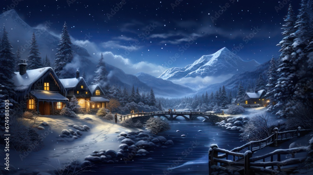 Night view of village with mountain and river views in winter
