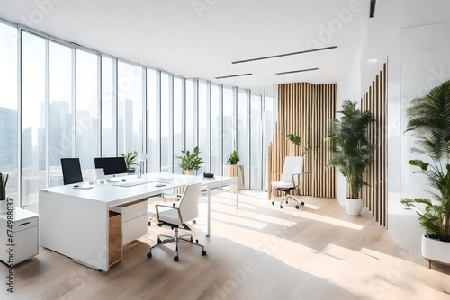 A minimalist office space with sleek  white furniture.