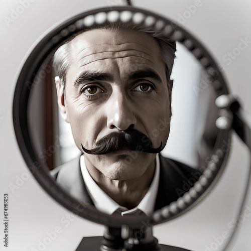 AI generated illustration of A man with a well-groomed moustache stands in front of a mirror photo