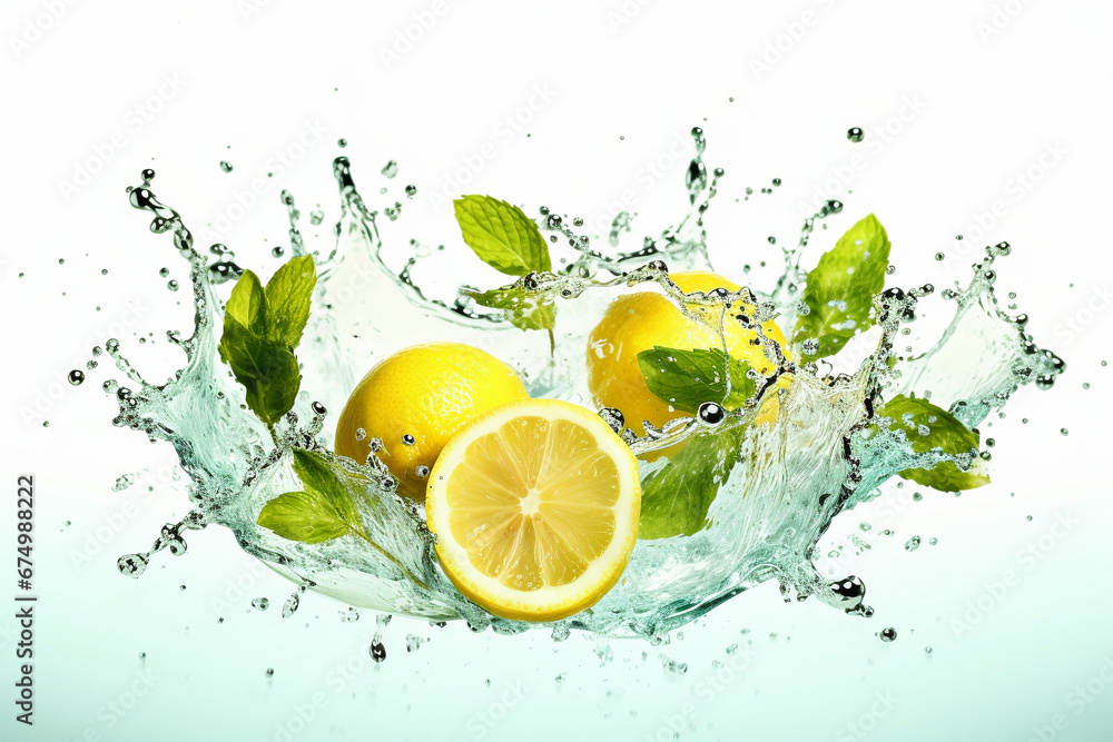 Lemon, mint and water splash on white background, Generative AI Lemon, mint and water splash on white background, Generative AI
