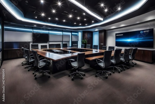 A high-tech conference room with video conferencing capabilities.