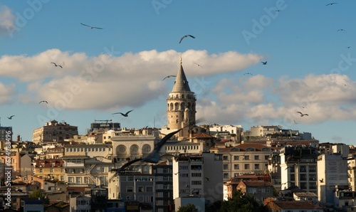 View of the skyline in Istanbul, featuring modern buildings and landmarks against a vibrant blue sky