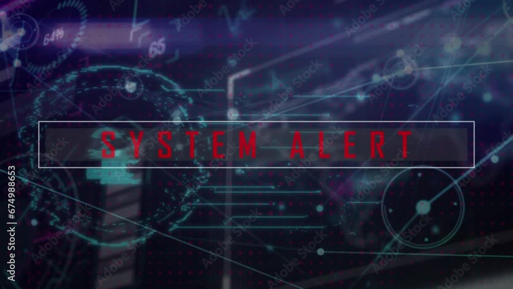 Animation of system alert text over security padlock icon against interface with data processing Animation of system alert text over security padlock icon against interface with data processing