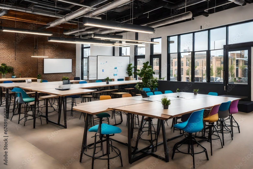 A collaborative workspace with communal tables and whiteboards.