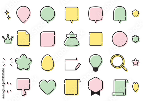 春のシンプルかわいい吹き出しとアイコンセット　線画　文字なし