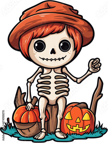 Illustration of a smiling cartoon skeleton sitting on a tree stump against a white background