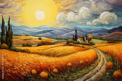 An Oil Painting Style Illustration of a Classic Landscape Artwork For Art Gallery or Stately Home in a Vincent Van Gogh Style Featuring Sun Hay Fields Hills Trees Countryside Swirl at Sunset Sunrise