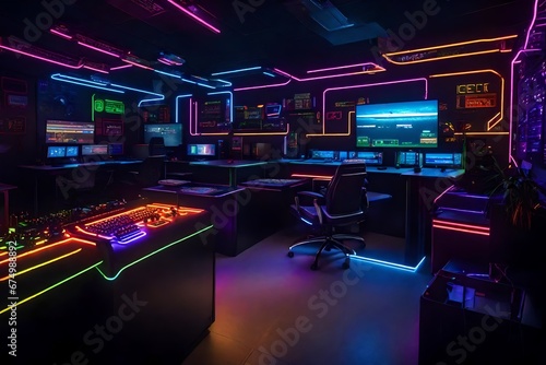 A retro gaming-themed office with arcade games and neon lights.