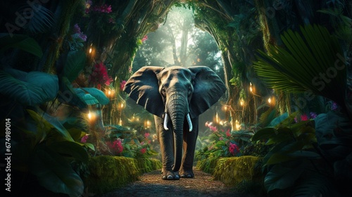 An elephant walks through the forest light beautiful image Ai generated art