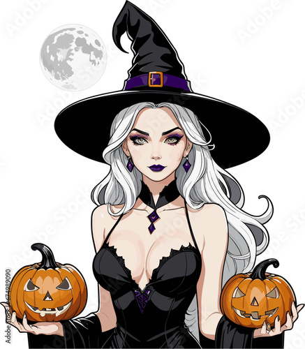 Illustration of a young woman in a witch costume for Halloween with a white background