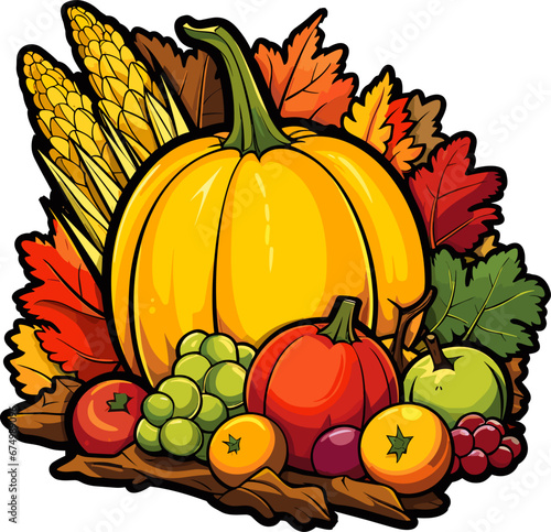 Vector illustration of an autumnal scene with colorful foliage and an abundance of harvest