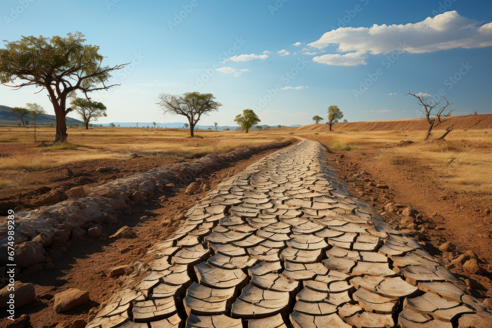 Fototapeta premium Barren and eroded soil in an agricultural field, symbolizing the consequences of soil pollution and overuse of pesticides. Generative Ai.