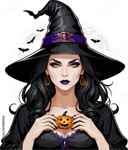 Illustration of a young woman in a witch costume for Halloween with a white background
