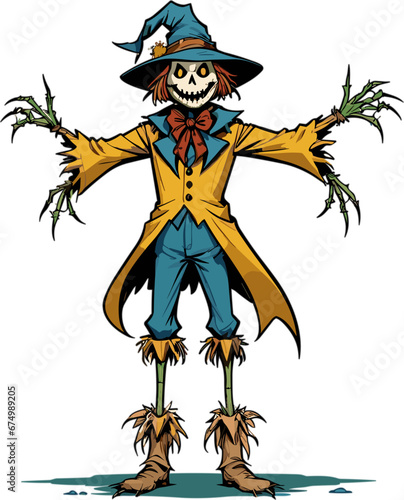 Vector illustration of a Halloween themed cartoon scarecrow on a white background