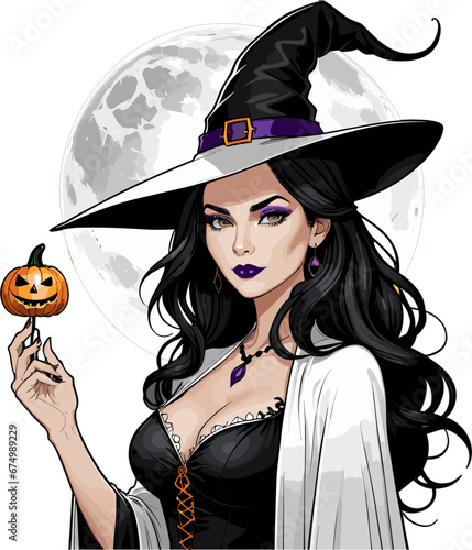 Illustration of a young woman in a witch costume for Halloween with a white background