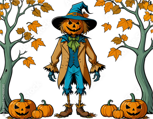 Vector illustration of a Halloween themed cartoon scarecrow with pumpkin head on a white background