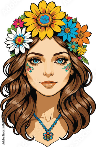 the girl with flowers in her hair is looking to her left