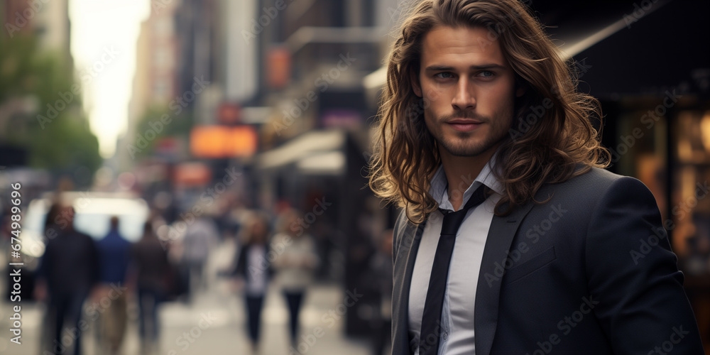 a handsome groomed man with long hair, street background a handsome groomed man with long hair, street background