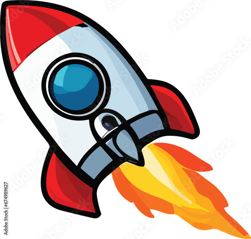Vibrant digital cartoon illustration of a spaceship rocket flying off