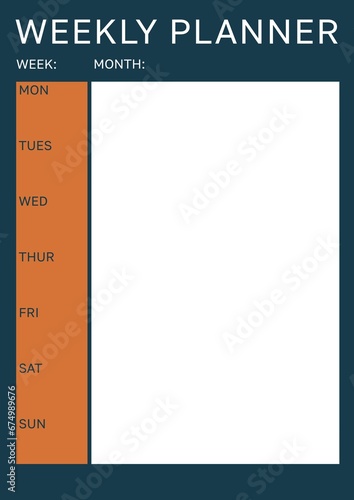 Illustration of weekly planner, week, month, mon, tue, wed, thu, fri, sat, sun text with blank box