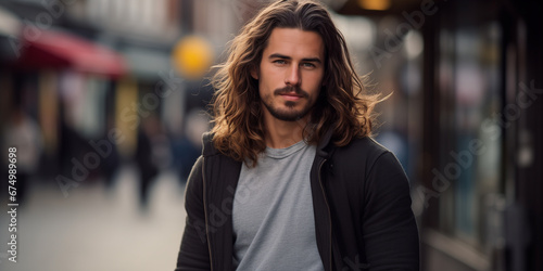 a handsome groomed man with long hair, street background