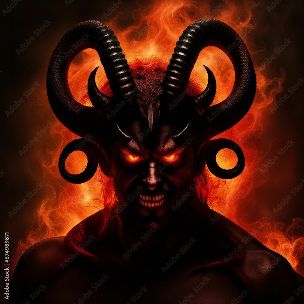 Obraz na plátně Portrait of a man with devil horns and a demonic expression on his face, AI-generated