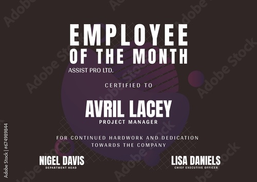 Illustration of employee of the month assist pro ltd, certified to avril lacey, project manager text photo