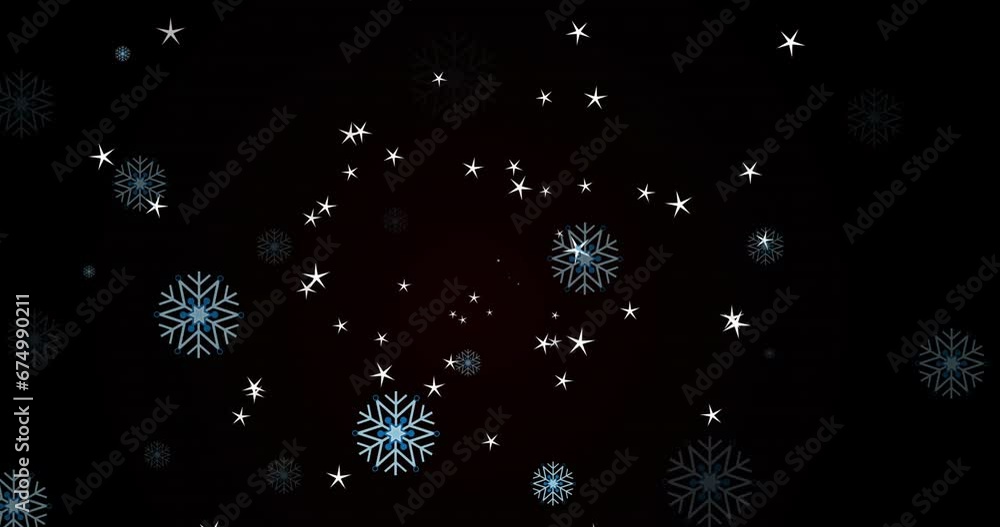 Animation of snowflakes and stars floating against black background with copy space Animation of snowflakes and stars floating against black background with copy space