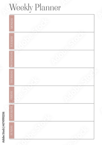 Illustration of weekly planner and monday, tuesday, wednesday, thursday, friday, saturday, sunday photo