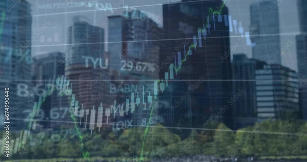 Animation of financial data processing over cityscape Animation of financial data processing over cityscape