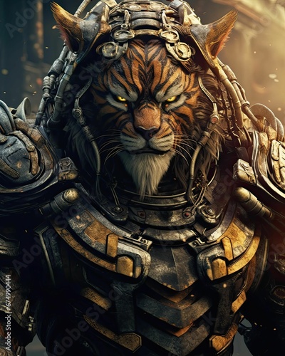 AI generated illustration of a tiger wearing a suit of armor standing against a dark background photo