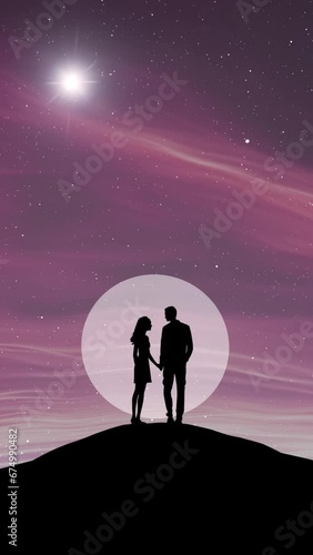 A silhouette of two young lovers coming together against an animated pink toned cosmic sky.