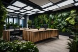 An office with a garden theme, featuring lush greenery and floral patterns.