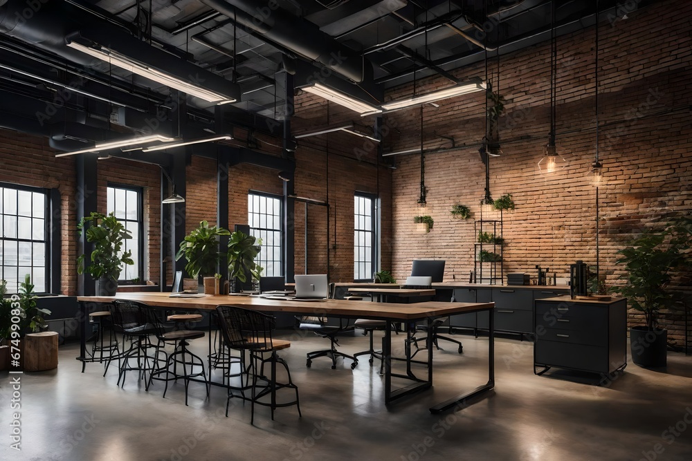 An industrial-chic office with  brick walls and metal accents.