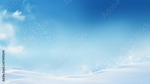 Winter snow background on a sunny day. Light blue sky and cold wind from the North, banner format, copy space