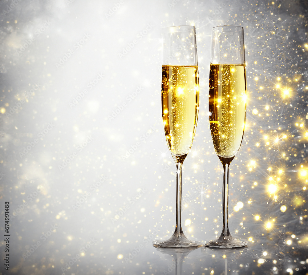 flutes with champagne or fizzy white wine on black background with blurred sparkles in the back flutes with champagne or fizzy white wine on black background with blurred sparkles in the back