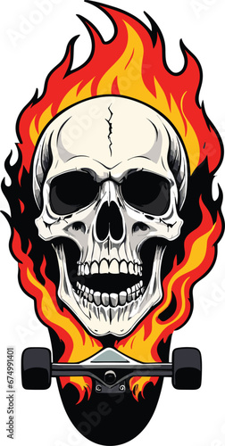 Vector of a skull on a skateboard in flames