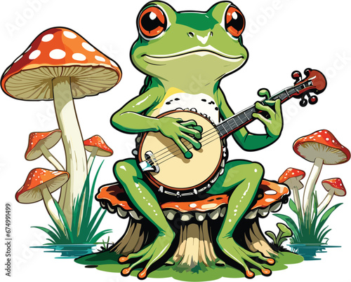 Vector of a green frog playing a banjo in a grassy field with toadstool mushrooms