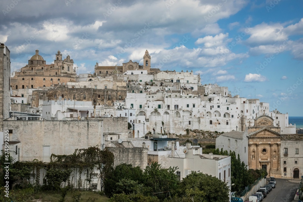 Beautiful view of the coastal town of Ostuni nestle on a cliff in Italy