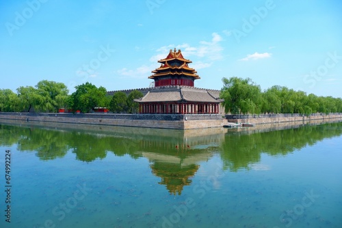 Perspective of the iconic Corner Tower of the Forbidden City in Beijing, China