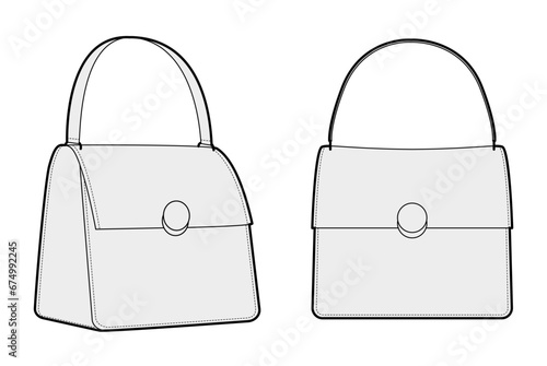 Carry Bag baguette silhouette bag. Fashion accessory technical illustration. Vector satchel front 3-4 view for Men, women, unisex style, flat handbag CAD mockup sketch outline isolated