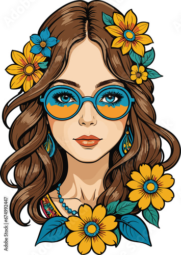 the young woman in sunglasses with flowers in her hair and glasses on her head