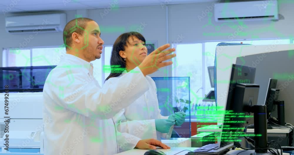 Animation of medical data processing on diverse male and female scientists discussing at laboratory Animation of medical data processing on diverse male and female scientists discussing at laboratory