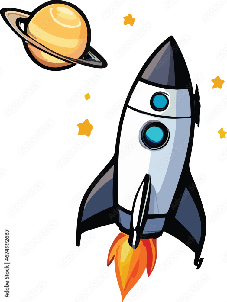Vibrant digital cartoon illustration of a spaceship rocket flying off Vibrant digital cartoon illustration of a spaceship rocket flying off